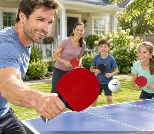 A family playing table tennis on a backyard lawn in front of their house