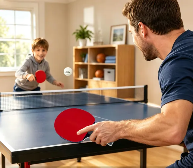 A father and son playing table tennis in a bright living room